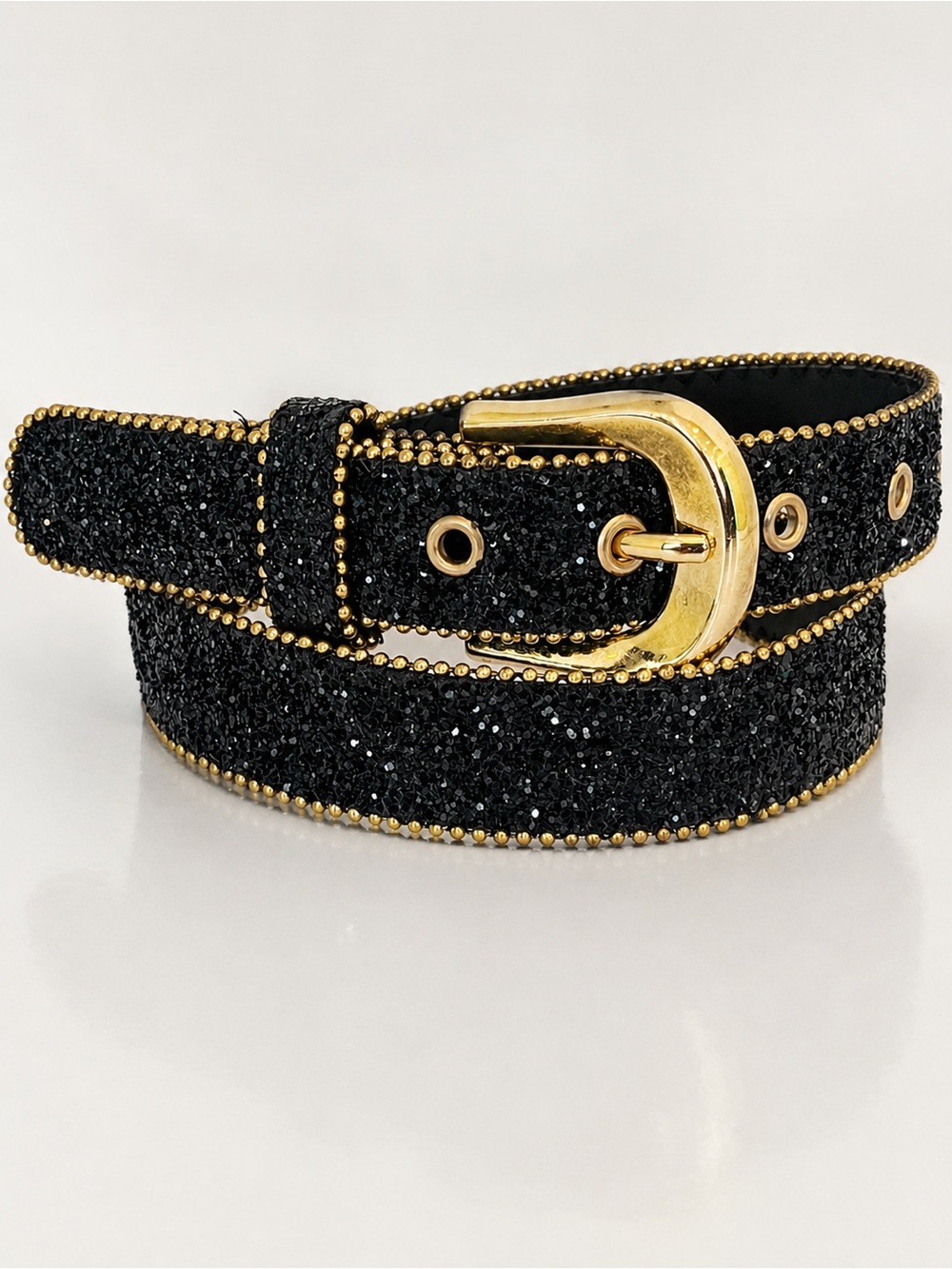 Tell Me Lies Screen worn Vintage Eaton Y2K Black Glitter Belt Gold Stud Trim S